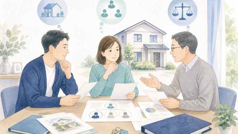 共有名義の不動産について家族で話し合うイメージ