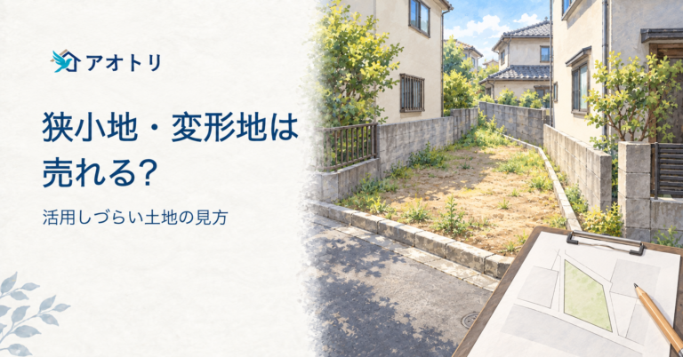 狭小地・変形地は売れる？活用しづらい土地の見方。狭い不整形の土地と敷地図のイメージ。