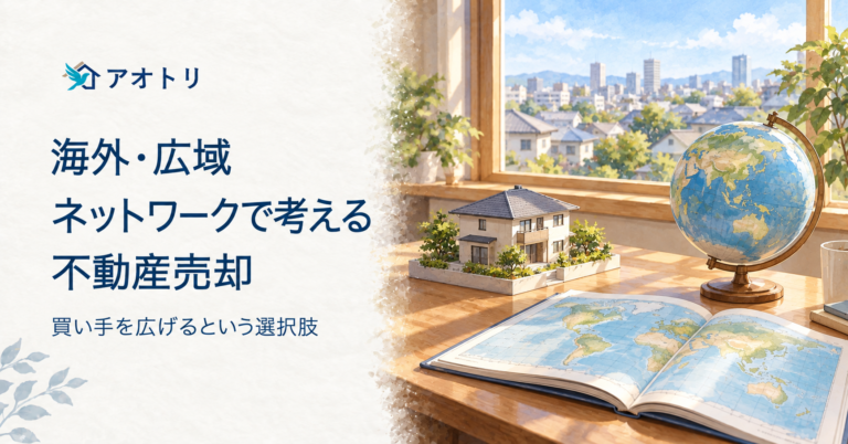 海外・広域ネットワークで考える不動産売却。買い手を広げるという選択肢を表す住宅模型・地球儀・地図のイラスト